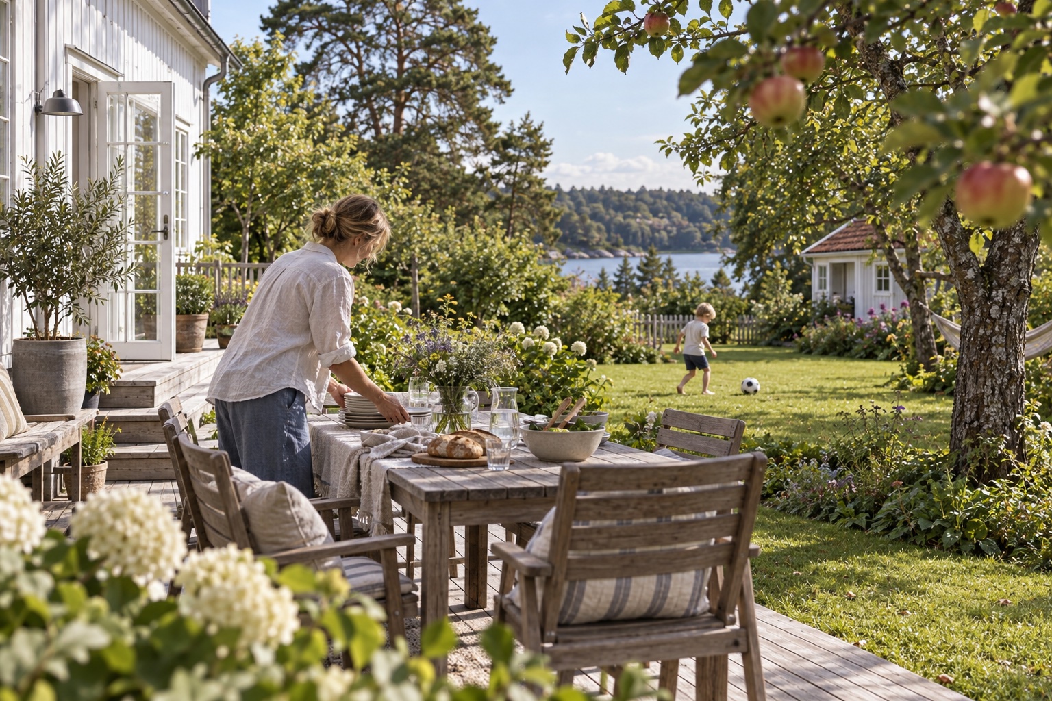 Lunch och lek i villaträdgården. AI-genererad illustration.