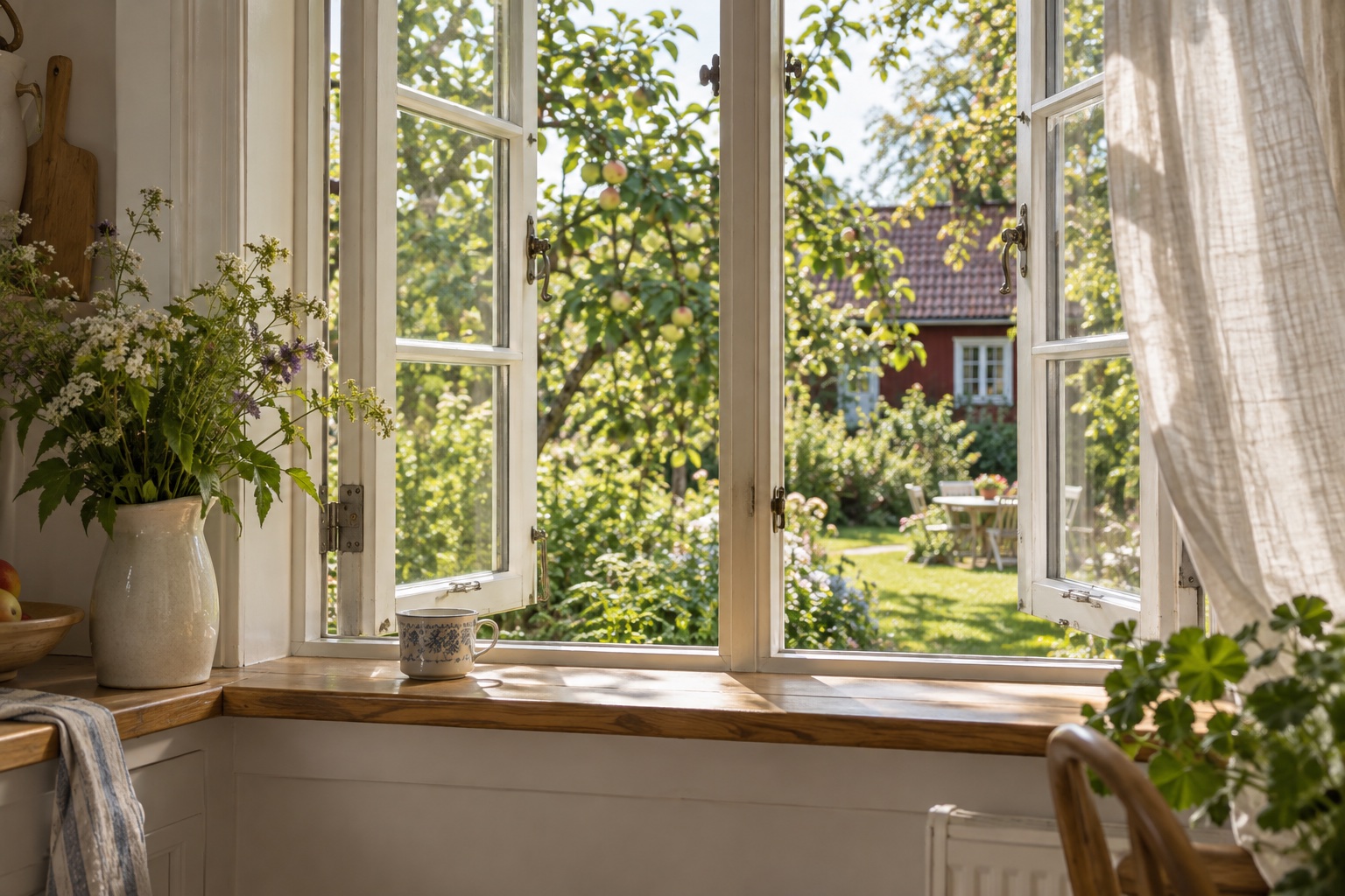 Fönsterbyte vid en svensk villa. AI-genererad illustration.
