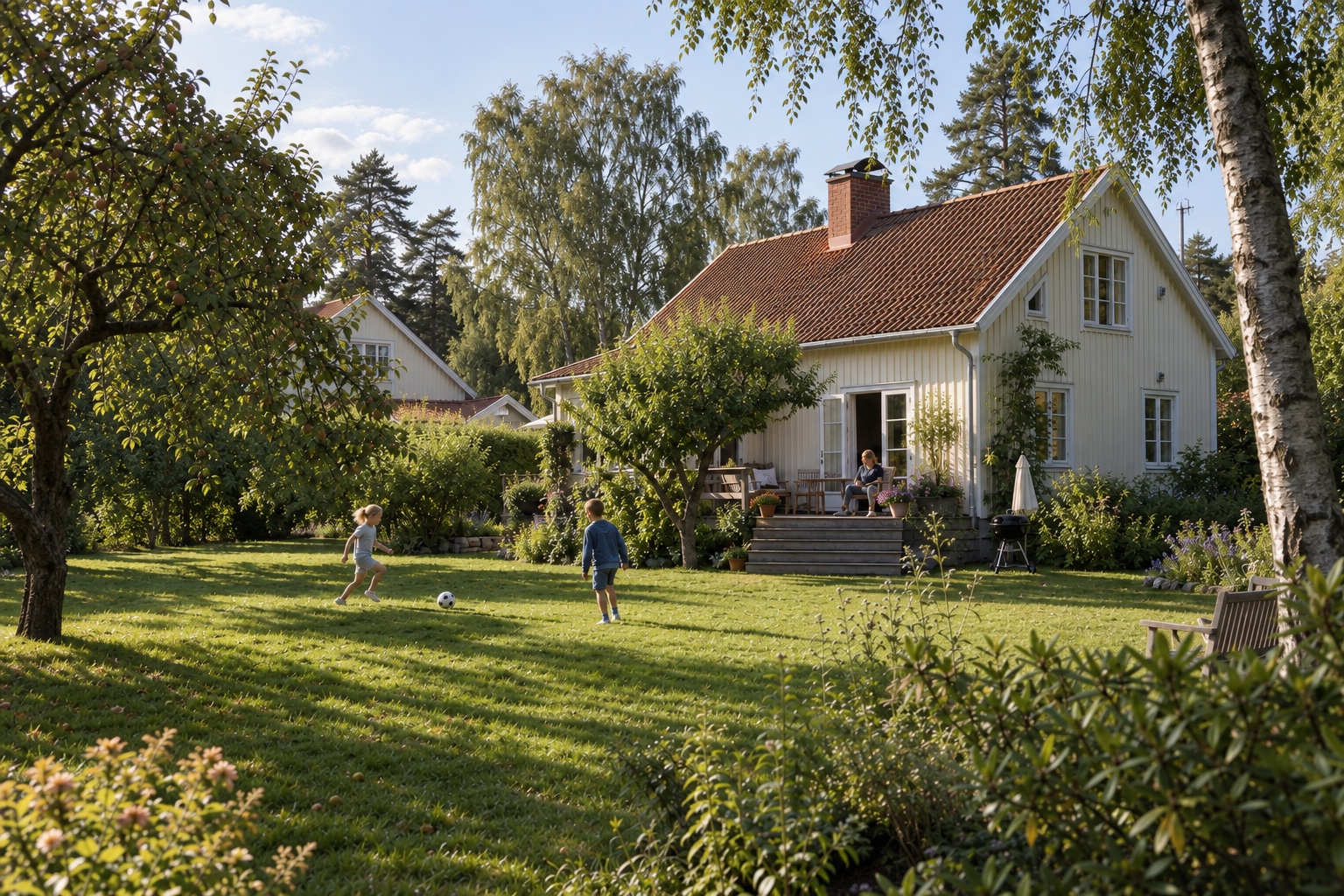 Ljust svenskt villaliv i en grön sommarträdgård. AI-genererad illustrationsbild.