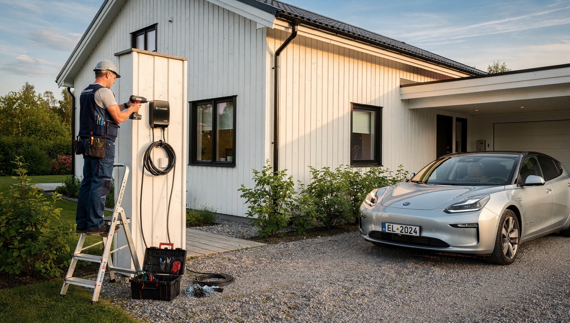 Laddbox & el vid en svensk villa.