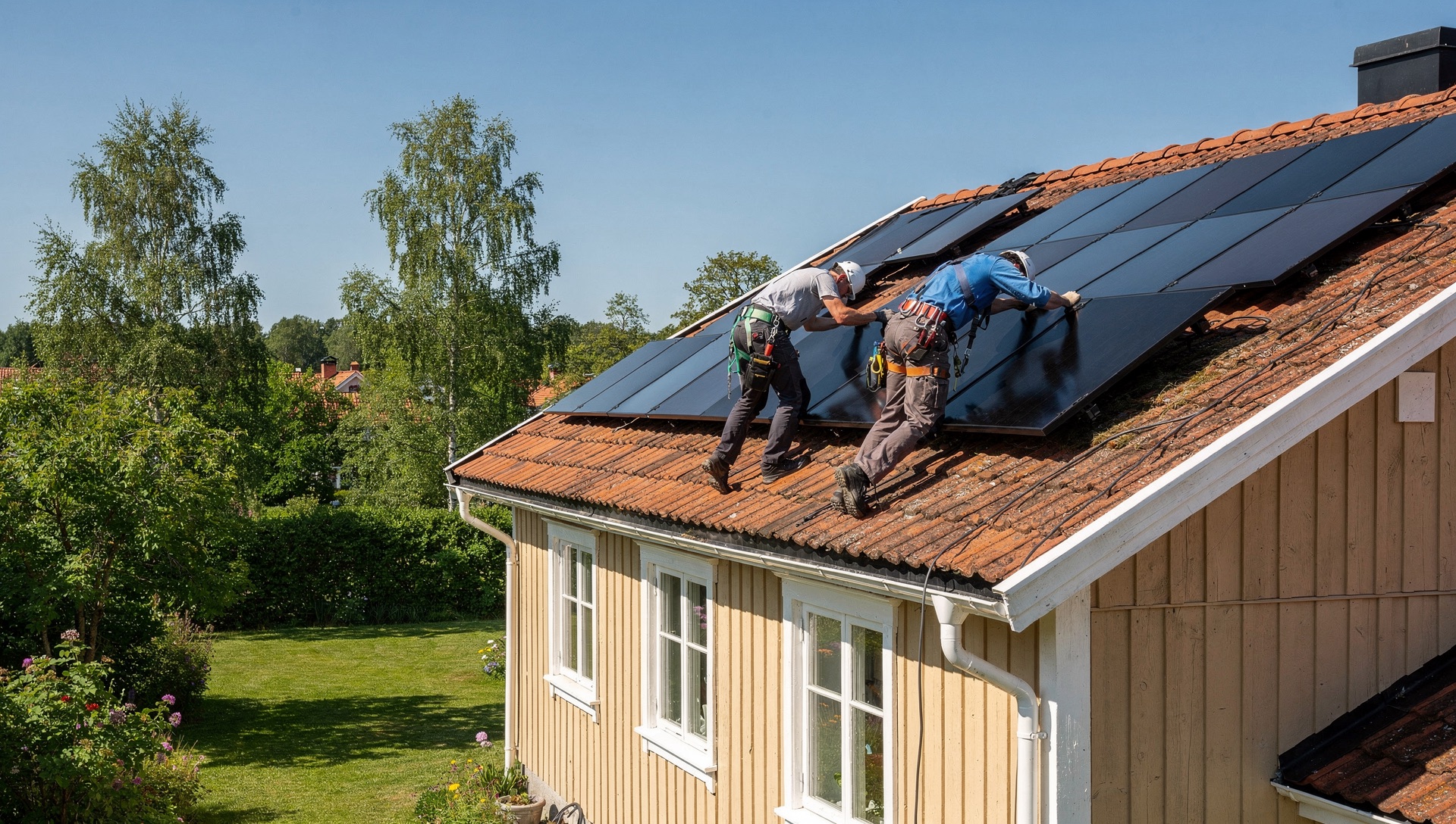 Solceller & batteri vid en svensk villa.