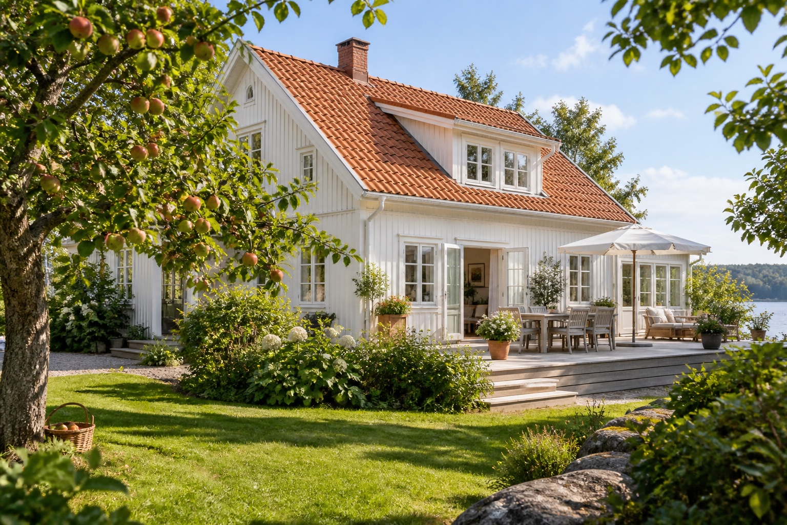 Takläggning vid en svensk villa. AI-genererad illustration.