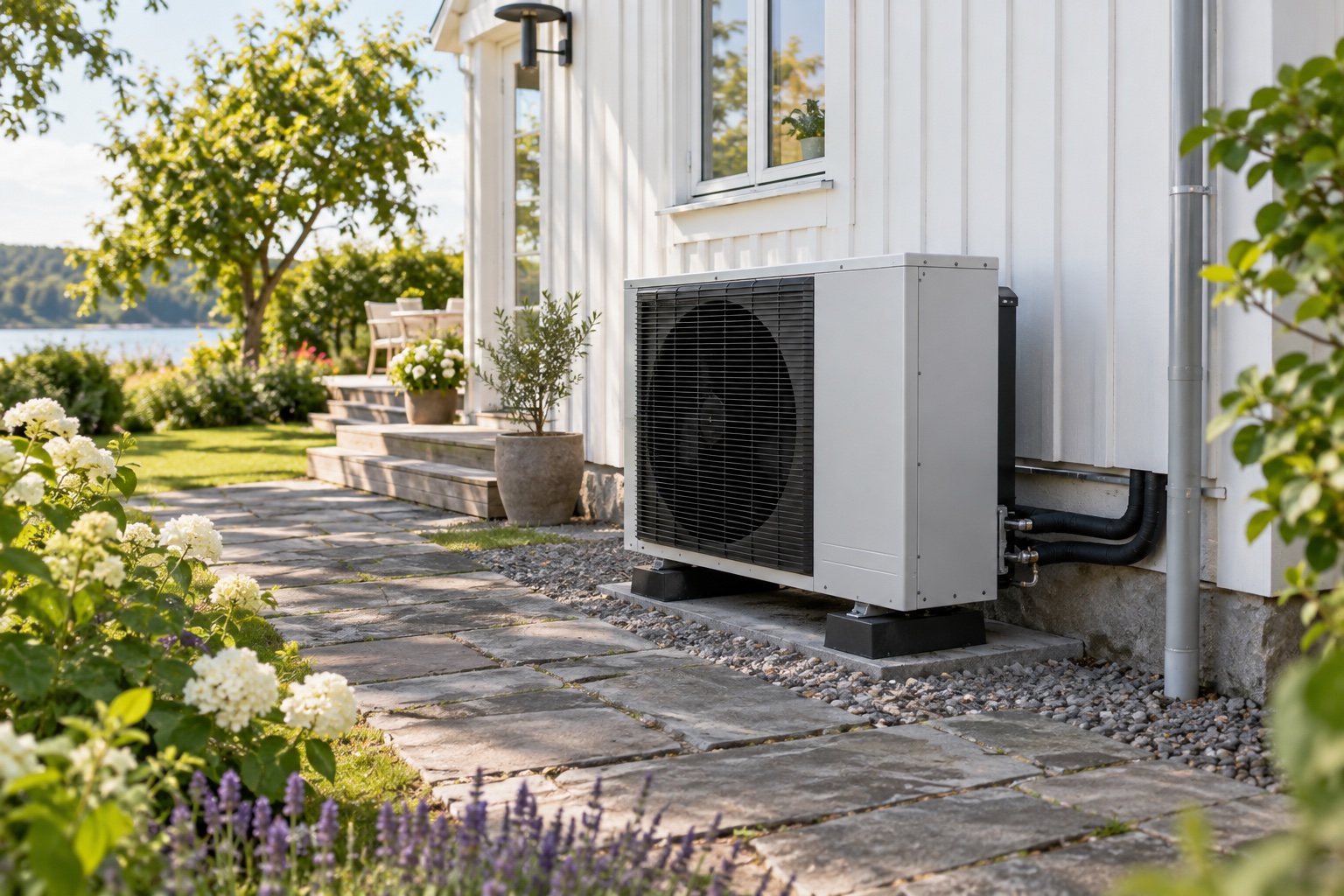 Värmepump & bergvärme vid en svensk villa. AI-genererad illustration.